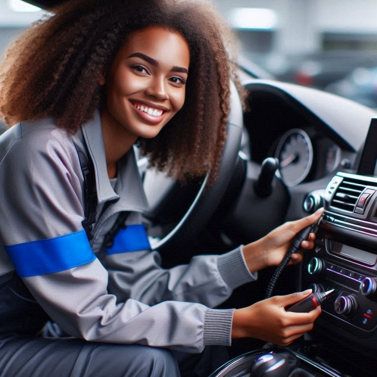 Eine Automechanikerin, die lächelnd Einstellungen am Fahrzeug nachjustiert.