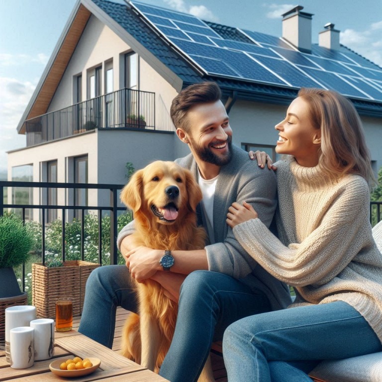 Ein Mann und eine Frau sitzen auf einem Balkon und umarmen einen Golden Retriever. Im Hintergrund steht ein Haus mit Solardach – ein Symbol für nachhaltigen Content und Design für Energiewirtschaft und Umweltbranche.