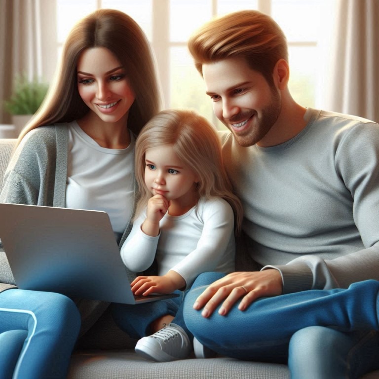 Eine junge Familie, bestehend aus zwei Elternteilen und einem Kind, die zusammen auf einem Sofa sitzen und auf einem Laptop nach Urlaubsangeboten suchen.