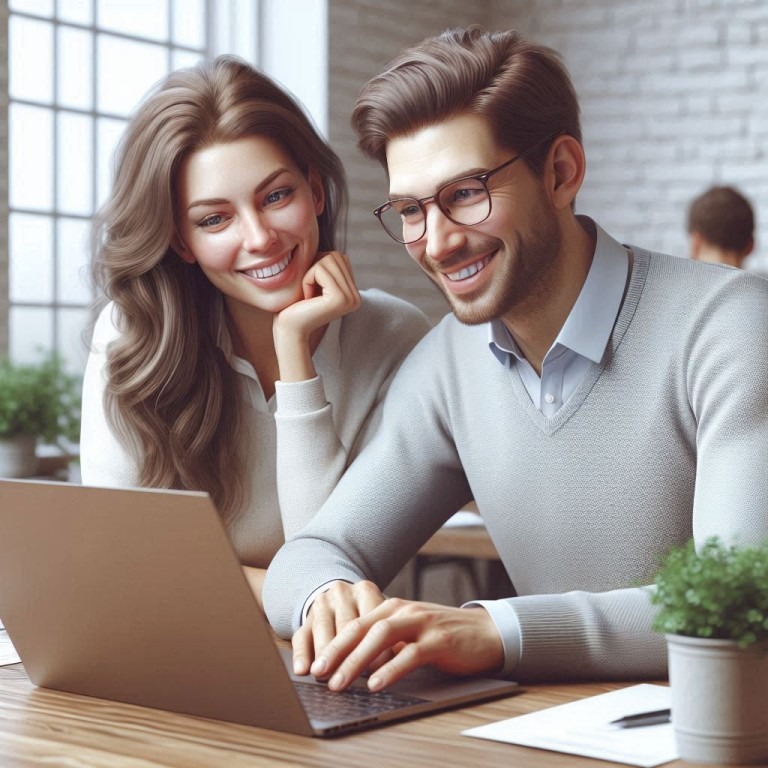 Ein Mann und eine Frau sitzen an einem Tisch und arbeiten an einem Laptop, lächeln