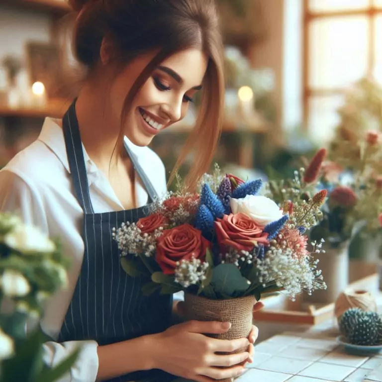 Das Bild zeigt eine glückliche Floristin, die einen liebevoll arrangierten Blumenstrauß in einem hellen, einladenden Blumenladen betrachtet. Im gezielten Content-Marketing für Kleinunternehmen zeigt diese Szene die handwerkliche Expertise und die persönliche Leidenschaft hinter kleinen Betrieben.