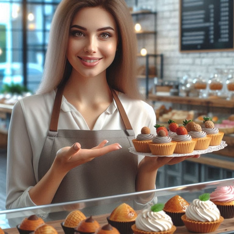 Eine Konditorin in einer kleinen Konditorei, die freundlich Törtchen anbietet – ein Sinnbild für erfolgreiches Content-Marketing für Kleinunternehmen.