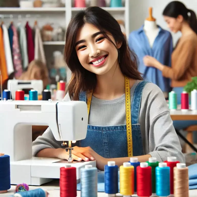 Das Bild zeigt eine junge Frau in einem hellen, kreativen Nähatelier, das sinnbildlich für die Vorteile von Content-Marketing für Kleinunternehmen steht.