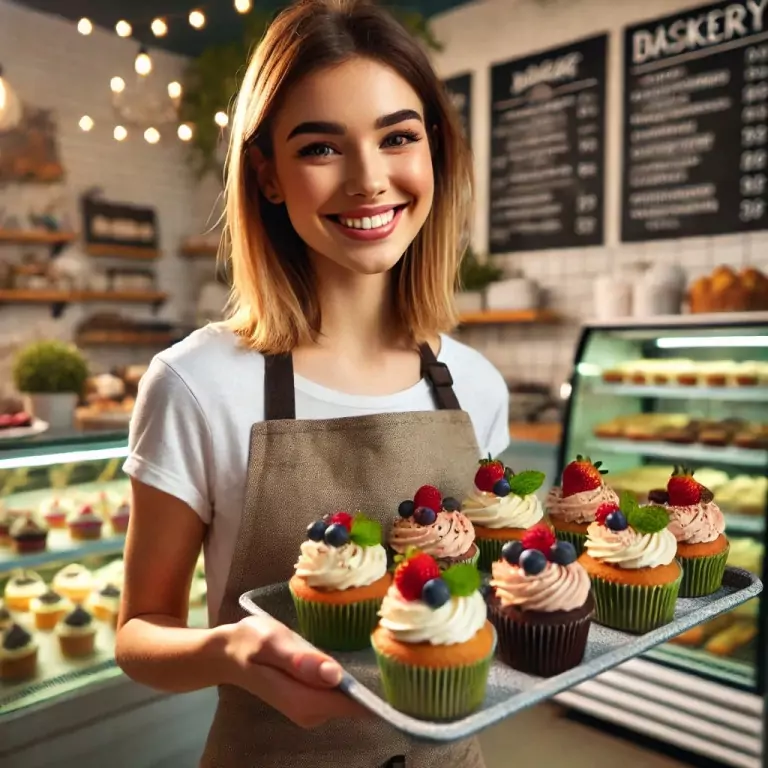 Eine lächelnde junge Frau in einer Bäckerei, die ein Tablett mit liebevoll dekorierten Cupcakes hält, verziert mit frischen Früchten und Minzblättern. Im Hintergrund ist die gemütliche Atmosphäre der Bäckerei zu sehen, mit beleuchteten Regalen voller Gebäck und einer Tafel mit dem Menü.