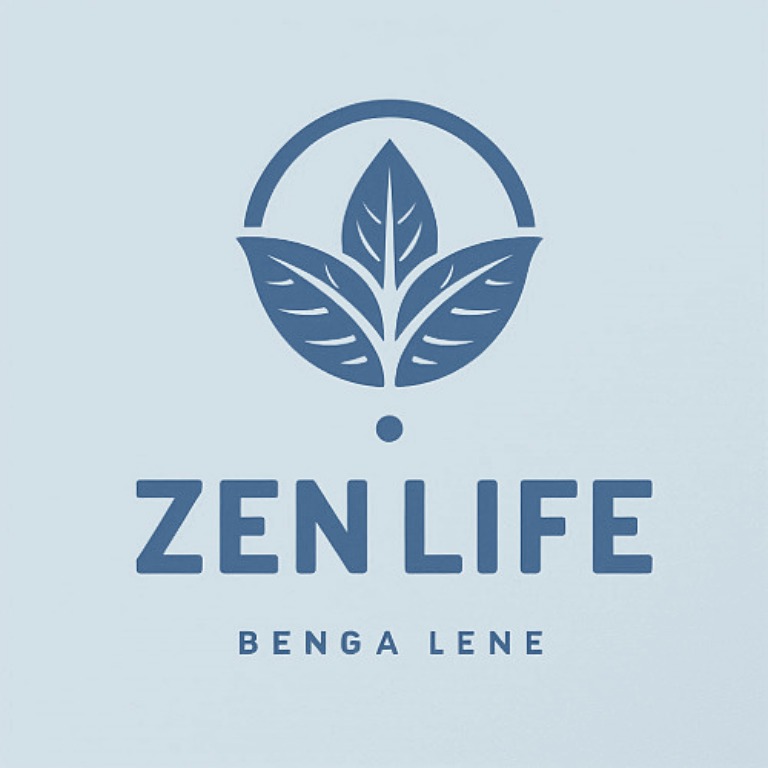 Das Logo „ZEN LIFE“ kombiniert ein harmonisches Blattsymbol mit einer modernen, serifenlosen Schrift in beruhigendem Blau und ist ein perfektes Beispiel, wie man ein Logo für Medizin und Gesundheit erstellt, das Vertrauen, Balance und Wohlbefinden vermittelt.