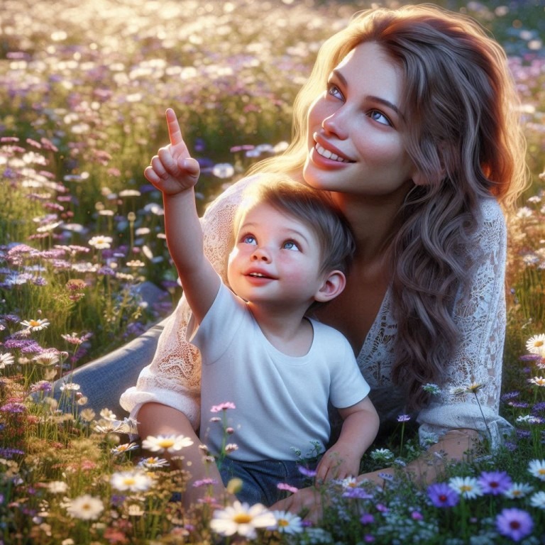 Eine Mutter und ihr Kind stehen auf einer blühenden, mit Blumen bedeckten Wiese. Das Kind lächelt strahlend, schaut nach oben und zeigt mit dem Finger in den Himmel.