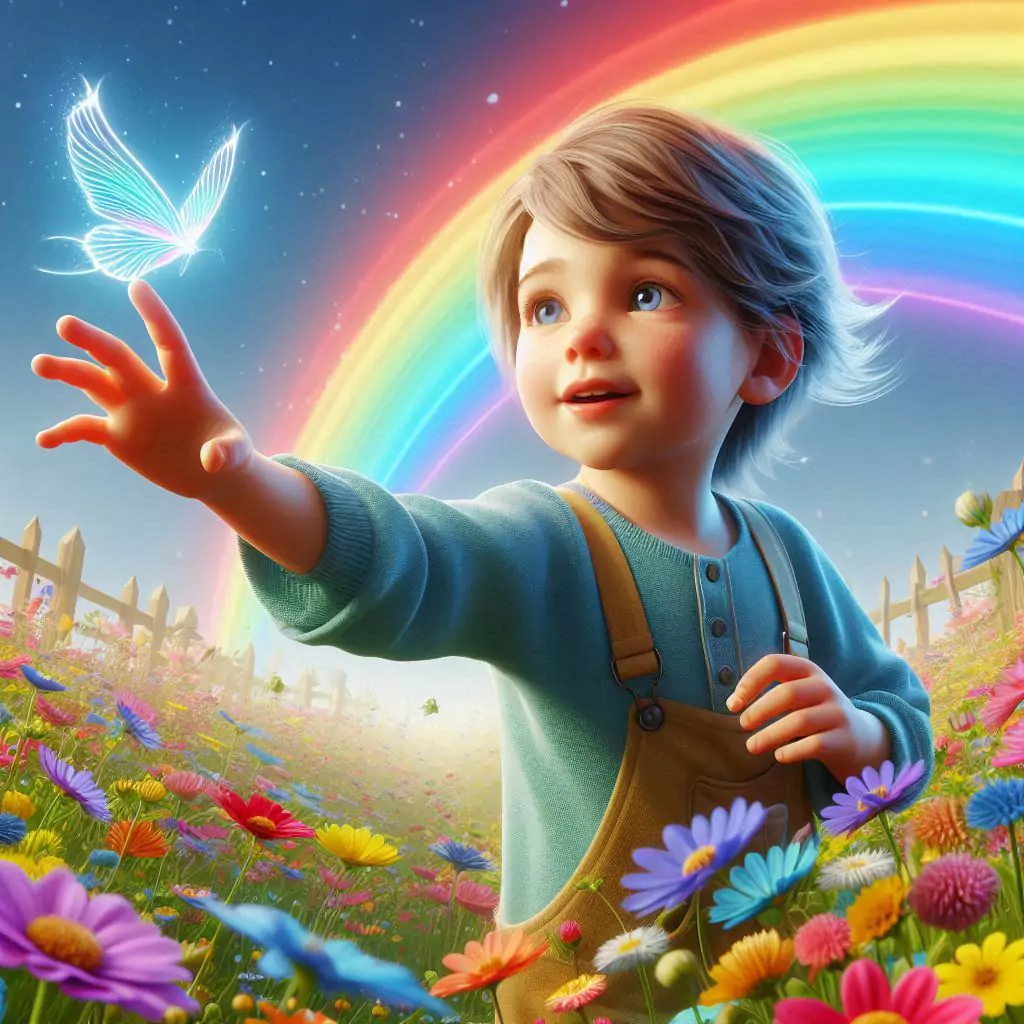 Das Bild zeigt ein kleines Kind in einem blauen Pullover und braunen Latzhosen, das mit einer Hand nach einem schimmernden Schmetterling greift. Der Hintergrund ist von einem Regenbogen und einer bunten Blumenwiese umgeben, was eine verträumte und friedliche Atmosphäre schafft.