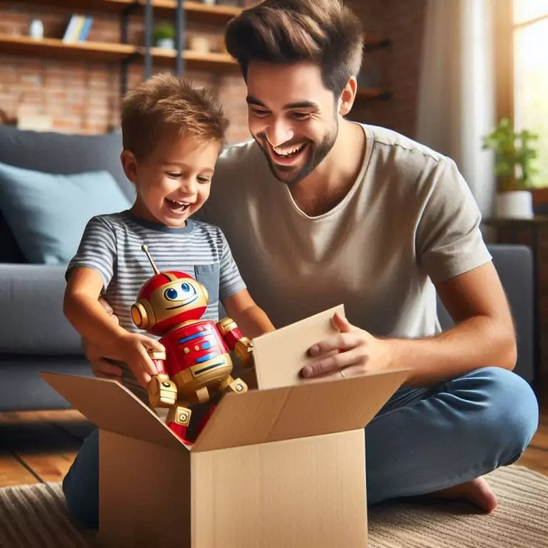 Das Bild zeigt einen Vater und seinen Sohn, die gemeinsam ein Roboterspielzeug aus einem Karton auspacken und dabei Freude empfinden. Diese Art von emotionalem Content-Design ist ideal für Marketing und E-Commerce, um die Zielgruppe anzusprechen und die Markenbindung zu stärken.