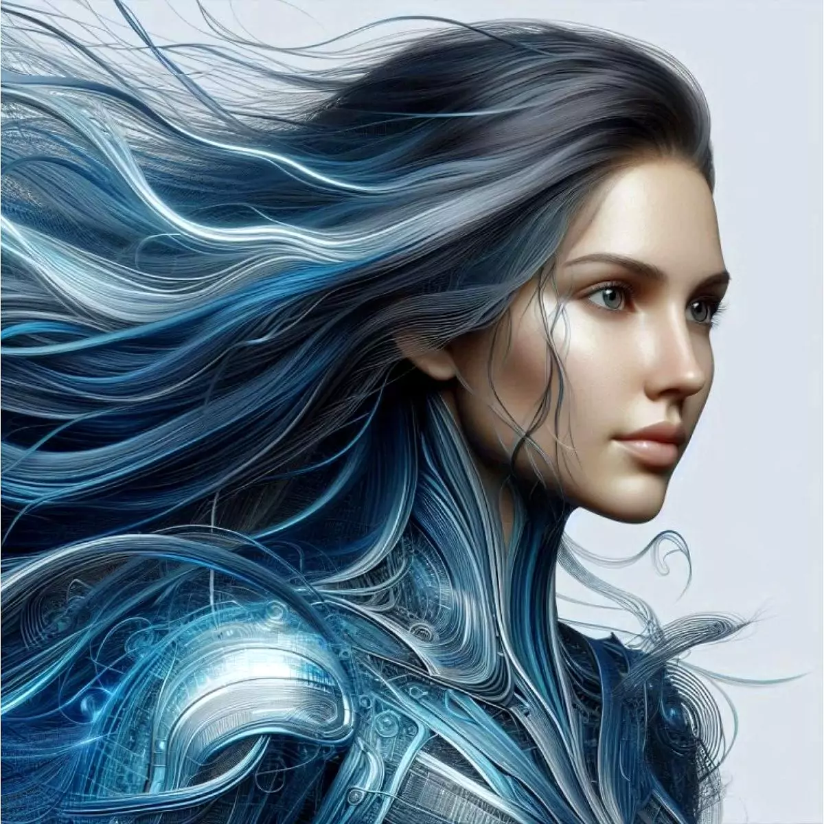 Illustration-2604250846 Illustration: Futuristische Grafik-Design-Illustration einer Frau mit technoid gestalteten Haarstrukturen und digitaler Textur. Die Bildkomposition zeigt den Einsatz von Grafik-Design für visuelle Konzepte im Bereich Technologie und Ästhetik.