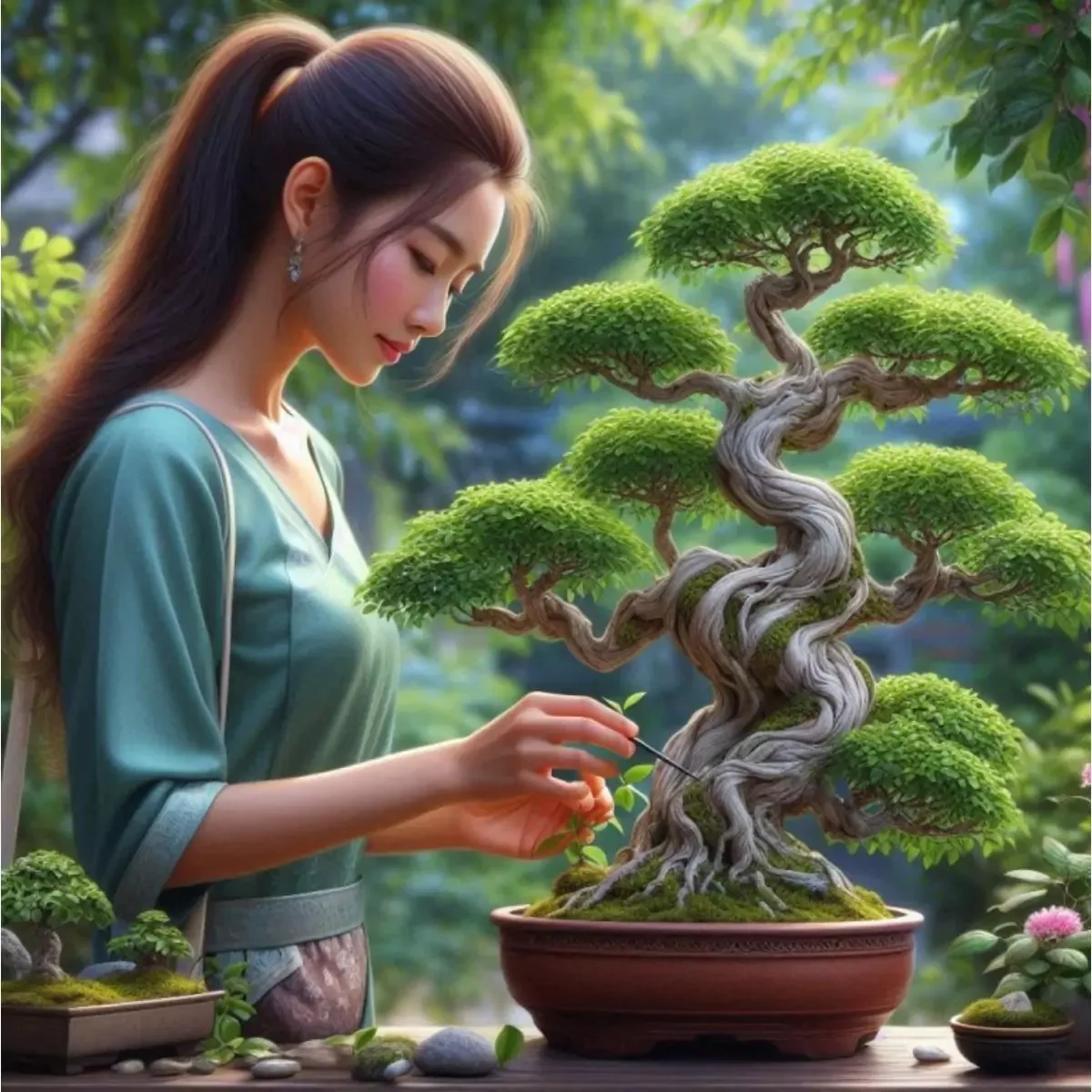 Illustration-2604250832 Illustration: Junge Frau bei der sorgfältigen Pflege eines Bonsai-Baums – eine visuelle Metapher für Textoptimierung: behutsames Auslichten, Strukturieren und Verfeinern bestehender Inhalte.